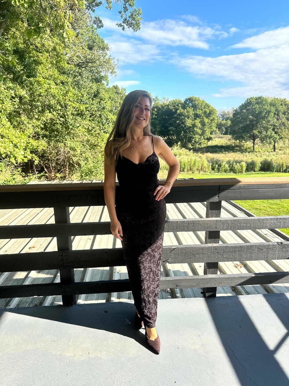 Elegant Dark Brown Floral Burnout Velvet Maxi Slip Dress